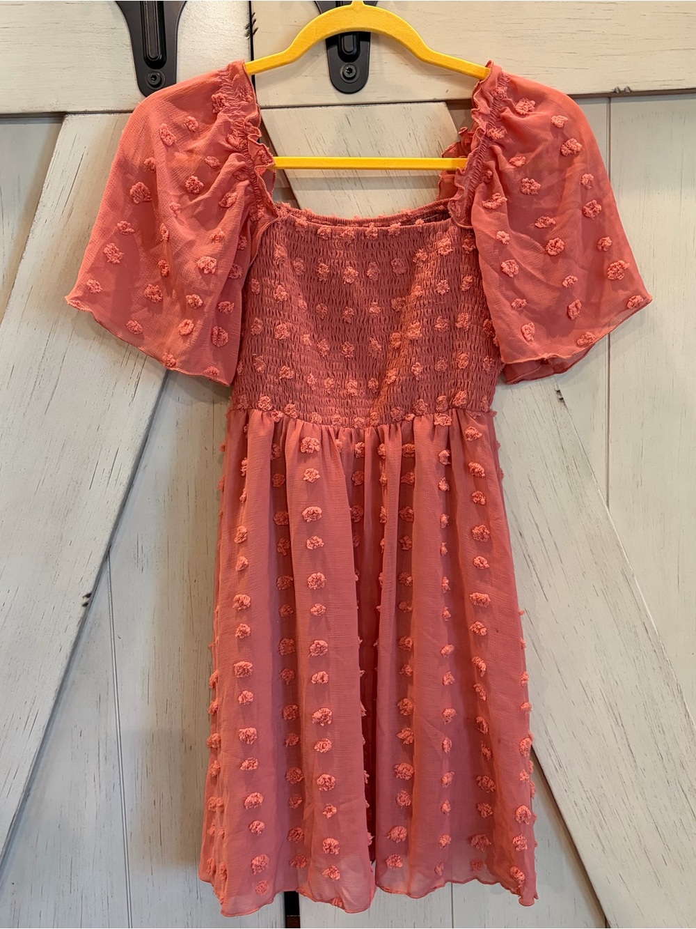 NWT Exlura Dress Coral Pink Smocked A-Line Skirt with Pom Detail Size Small